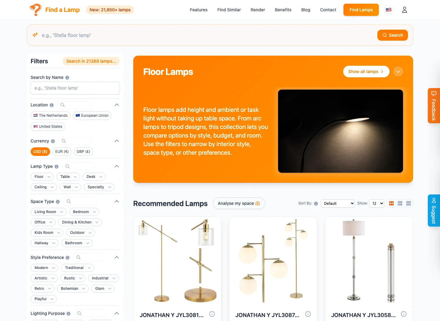 The catalogue with faceted filters across type, room, style and purpose