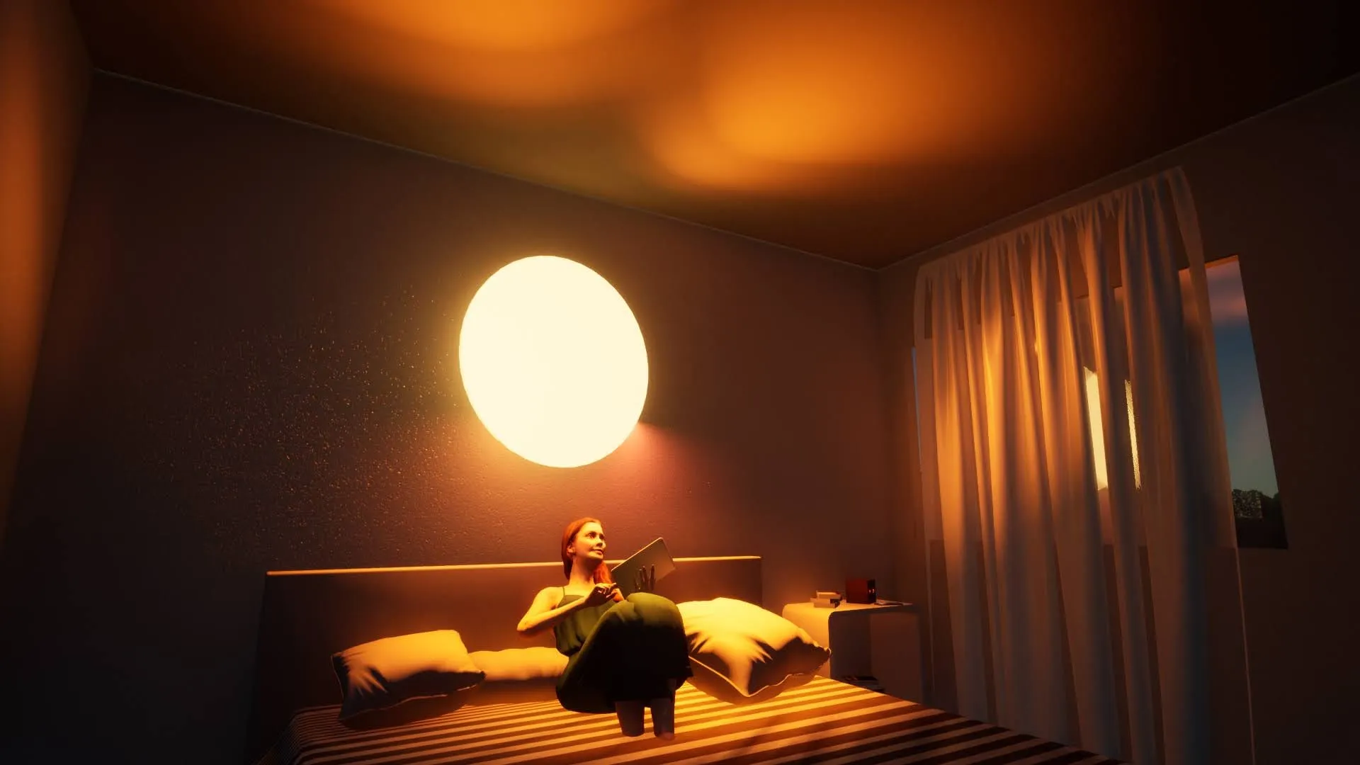 Concept render of a large sun-like light waking someone in bed