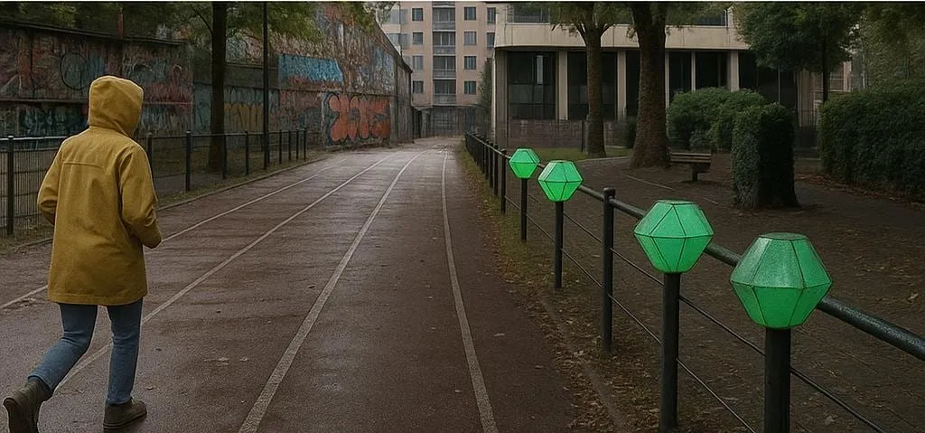 Concept render of glowing gem modules along a running track