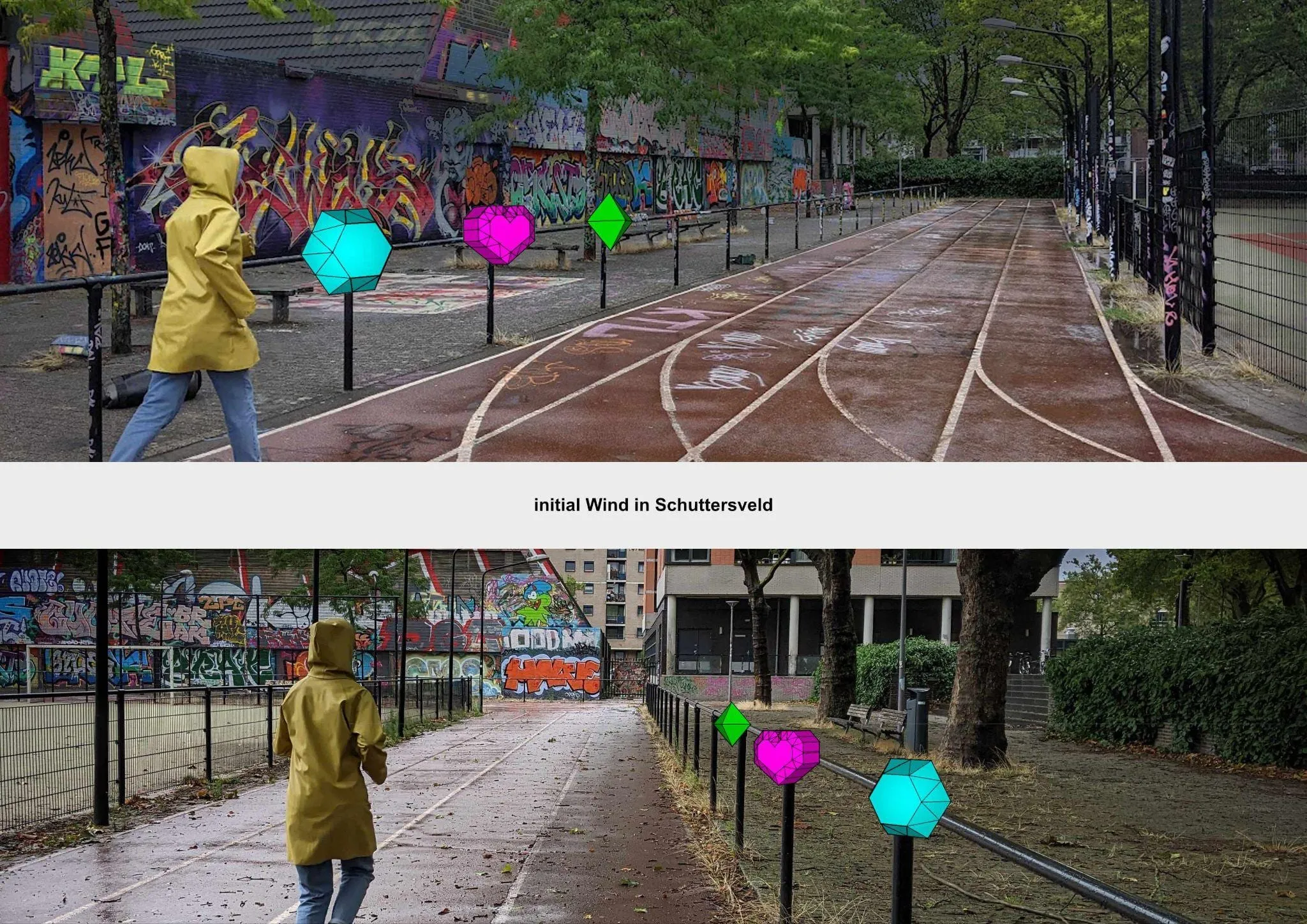 Concept render of coloured gem modules along Schuttersveld