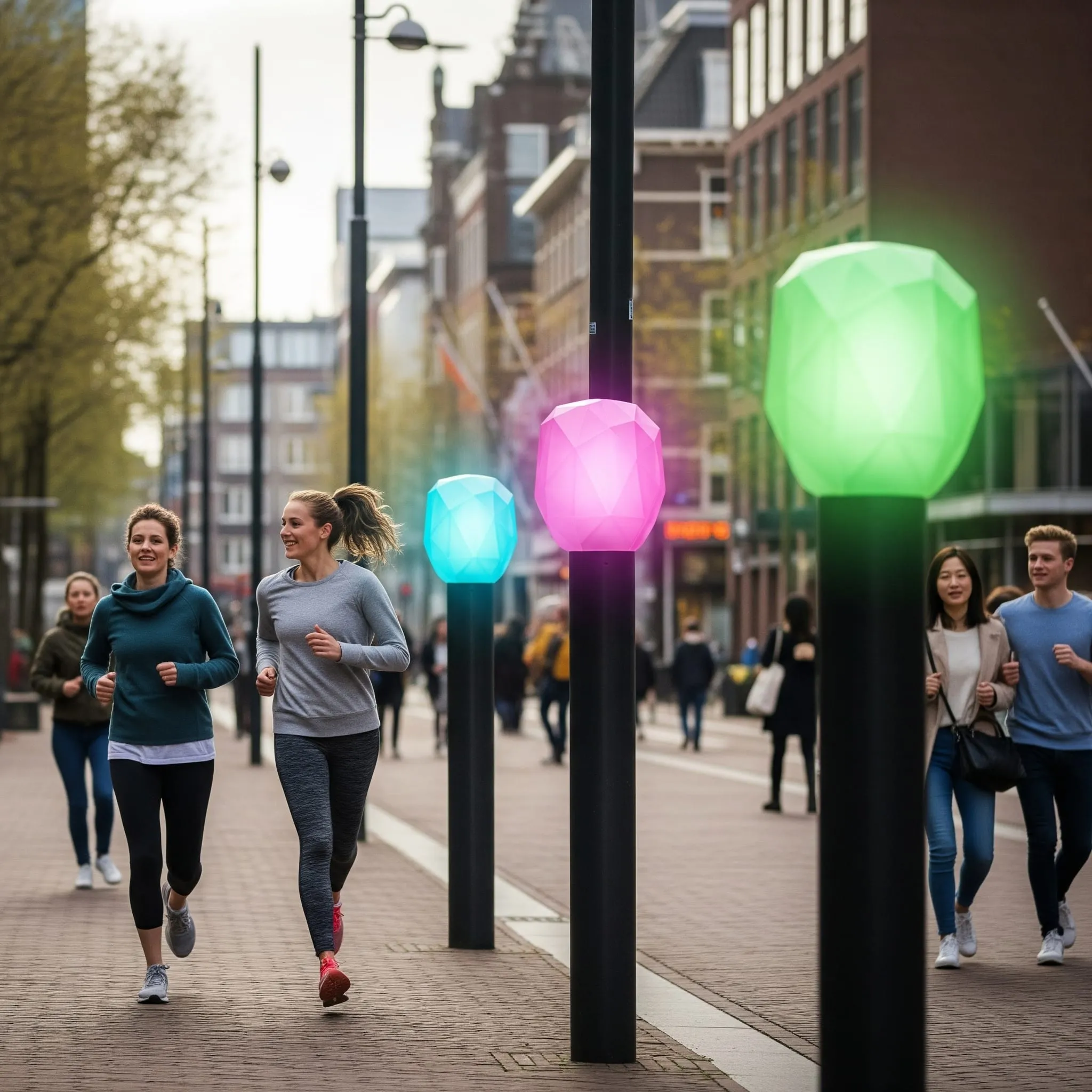 Concept render of colourful gem modules on a city street as people jog past