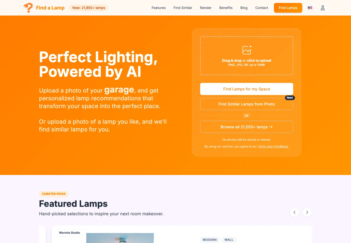 The Find a Lamp homepage, where you upload a photo of a room to get lamp recommendations