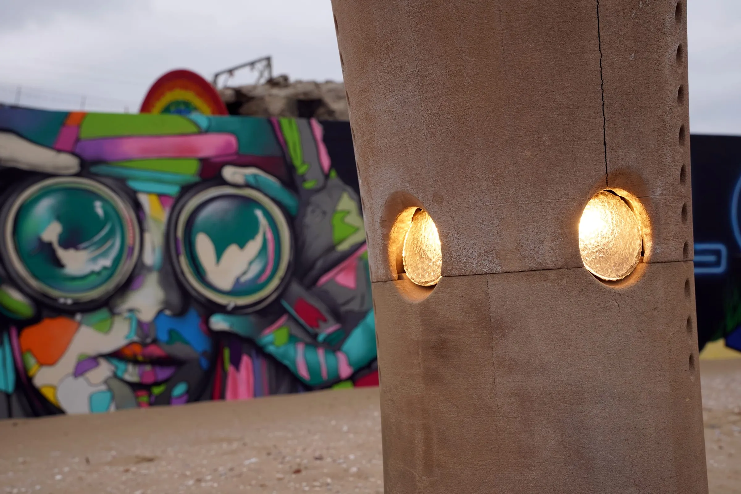 Detail of two lit apertures glowing in the side of the sculpture