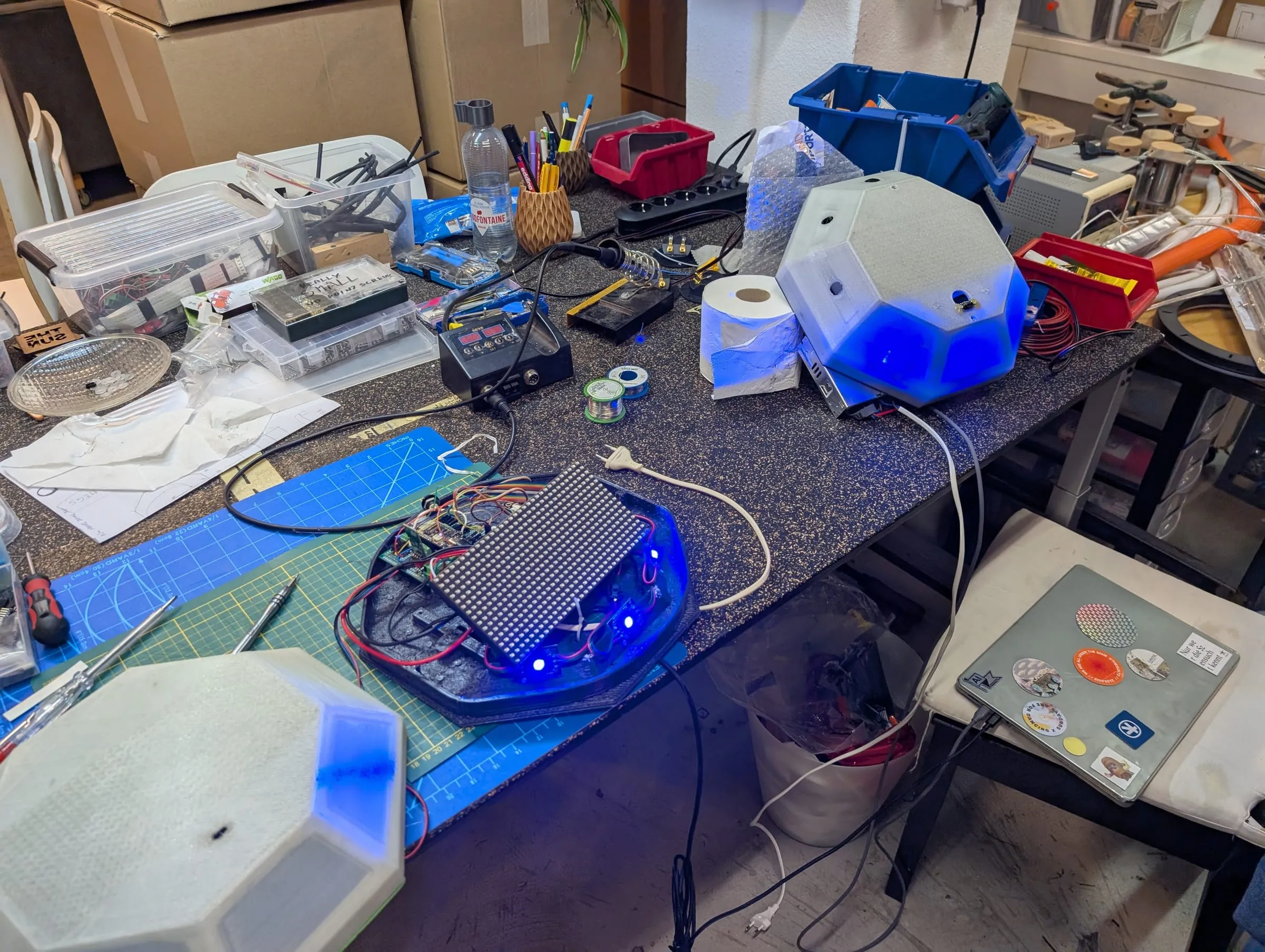 The workshop bench with modules, LED matrices and drivers mid-build